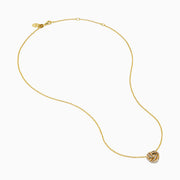 The 14K Yellow Gold Diamond Love Knot Pendant features intertwined loops with small, sparkling diamonds, creating an elegant look. Shown against a white background on a gold chain necklace.