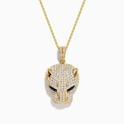 The Signature 14K Yellow Gold Sapphire and Diamond Panther Pendant features a panther’s head encrusted with diamonds and striking sapphire gemstone eyes, elegantly suspended from a matching chain necklace.