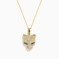 The Signature 14K Yellow Gold Emerald and Diamond Panther Pendant features a diamond-studded panther with emerald-green eyes, suspended from a delicate gold chain against a white background.