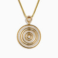 The 14K Yellow Gold Diamond Concentric Circle Drop Pendant features concentric circles with diamond accents and a central diamond, all suspended from a yellow gold chain.