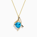 The Ocean Bleu 14K Yellow Gold Pendant features a triangular blue topaz accented with a curved row of small white diamonds and gold lines, suspended from a fine gold chain.