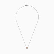 The 18K Two-Tone Gold Green and White Diamond Halo Necklace features a square pendant with a central green gemstone, accented by a double halo of sparkling white diamonds on a delicate chain.
