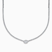 The Lab Grown Oval and Round Diamond 3.47ct Tennis Necklace in 14K White Gold features lab-grown oval and round diamonds set along a sleek white gold chain, shown in a bright white metal setting against a white background.