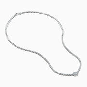 The Lab Grown Oval and Round Diamond 3.47ct Tennis Necklace in 14K White Gold features lab-grown oval and round diamonds set along a sleek white gold chain, shown in a bright white metal setting against a white background.