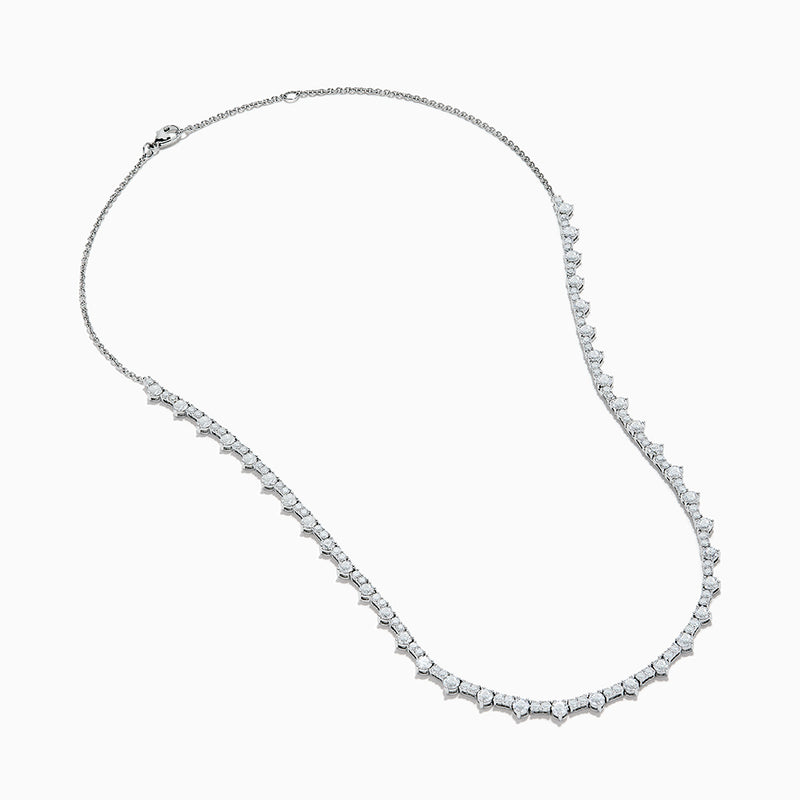 The Lab Grown Diamond Tennis Necklace in 14K White Gold showcases a continuous row of closely set round lab grown diamonds, elegantly displayed on a plain white background.