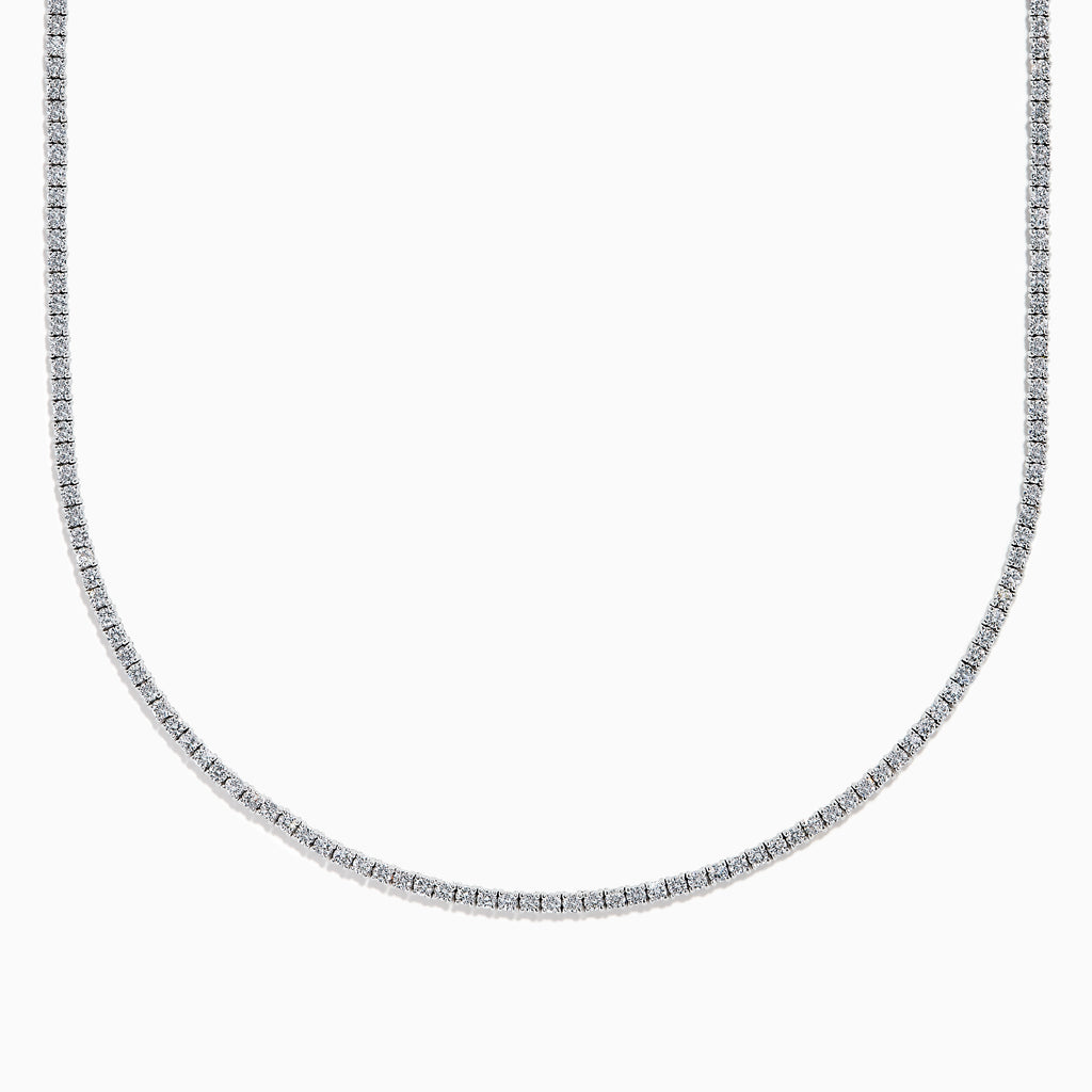 The Lab Grown Diamond 6.8ct Tennis Necklace in 14K White Gold features small, evenly spaced lab grown diamonds set in a thin, elegant chain and is displayed on a white background.