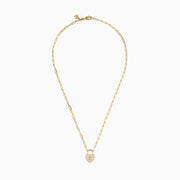 The Novelty 14K Yellow Gold Diamond Heart Lock Pendant is a yellow gold chain necklace with a diamond heart padlock, adorned with sparkling stones and a central keyhole design.
