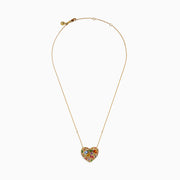 Watercolors 14K Yellow Gold Multi Sapphire Openwork Heart Pendant featuring vibrant sapphires in various shapes and sizes, hanging on a delicate gold chain against a white background.