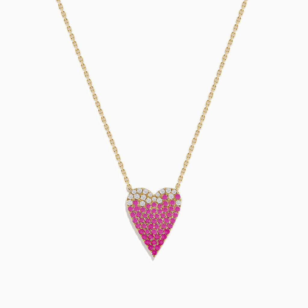The 14K Yellow Gold Pink Sapphire and Diamond Heart Necklace features a heart-shaped pendant with pink sapphires and diamonds in a gradient design.