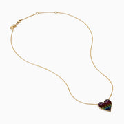 The Watercolors 14K Yellow Gold Multi Color Sapphire Heart Necklace features a gold chain and a heart-shaped pendant adorned with rainbow sapphires arranged from purple to blue.