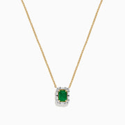The Brasilica 14K Yellow Gold Emerald and Diamond Necklace features a rectangular emerald pendant accented with diamonds, shown on a white background.