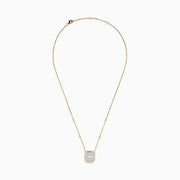 The 14K Yellow Gold Multi Shape Diamond Illusion Set Halo Pendant features a rectangular emerald-cut center with a diamond halo and a chain accented by evenly spaced round diamonds.