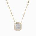 The 14K Yellow Gold Multi Shape Diamond Illusion Set Halo Pendant features a rectangular emerald-cut center with a diamond halo and a chain accented by evenly spaced round diamonds.