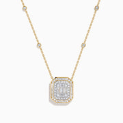 The 14K Yellow Gold Multi Shape Diamond Illusion Set Halo Pendant features a rectangular emerald-cut center with a diamond halo and a chain accented by evenly spaced round diamonds.