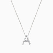 The 14K White Gold Diamond Initial A Pendant features a delicate letter A design adorned with sparkling diamonds, shown against a plain white background.
