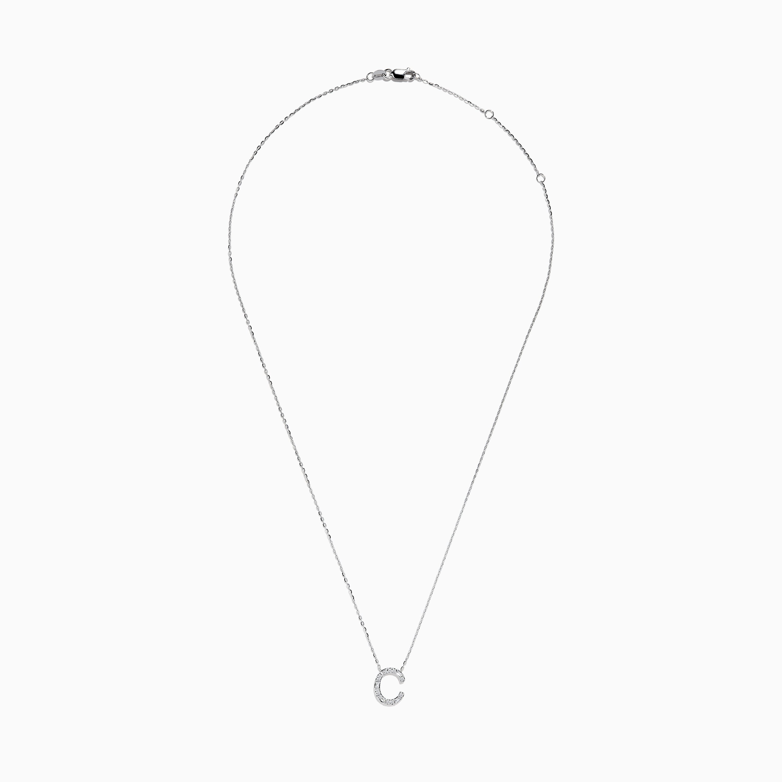 The 14 Karat White Gold Initial C Diamond Necklace features a pendant set with sparkling diamonds on a sleek white gold chain, shown against a plain white background.