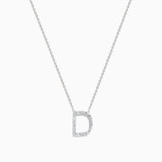 The 14K White Gold Diamond Initial D Pendant is shown against a plain white background, featuring a delicate design encrusted with sparkling diamonds.