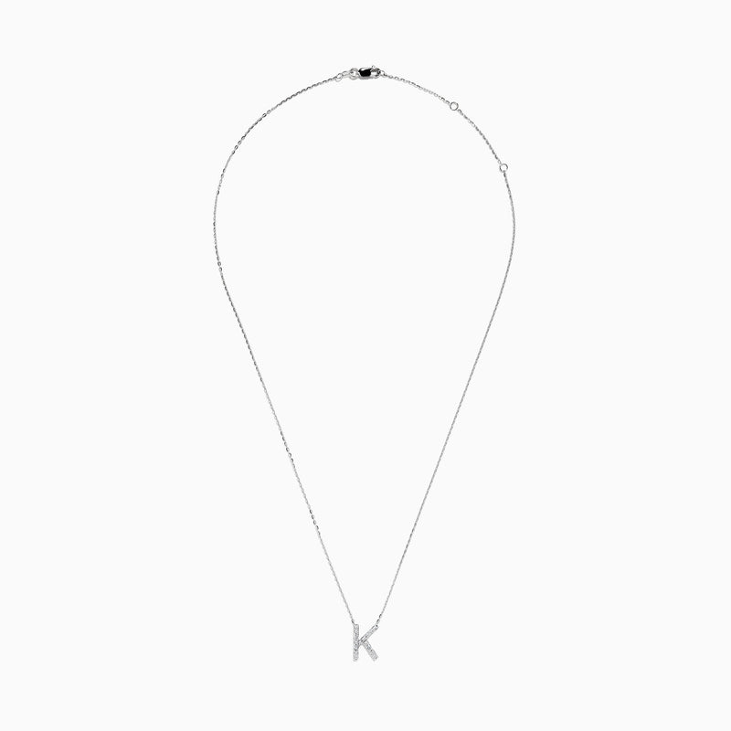 A 14 Karat White Gold Initial K Diamond Necklace featuring a sparkling diamond-encrusted K pendant on a delicate chain.