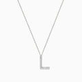 The 14K White Gold Diamond Initial L Pendant features sparkling diamonds on a delicate white gold chain, set against a plain white background.