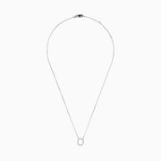 A 14K White Gold Diamond Initial O Pendant hangs delicately on a chain, featuring sparkling diamonds and displayed against a plain white background.
