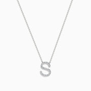 The 14 Karat White Gold Initial S Diamond Necklace features a sparkling S-shaped pendant accented with diamonds—a subtle yet stunning piece for everyday elegance.