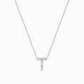 The 14K White Gold Diamond Initial T Pendant features a delicate white gold chain and sparkling diamonds, showcased against a plain white background.