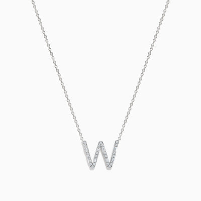 The 14K White Gold Diamond Initial W Pendant features a sparkling W adorned with diamonds, displayed on a plain white background.