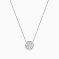 The Pave Classica 14K White Gold Diamond Disc Necklace features a round pendant encrusted with sparkling pave diamonds, elegantly displayed on a delicate white gold chain against a white background.