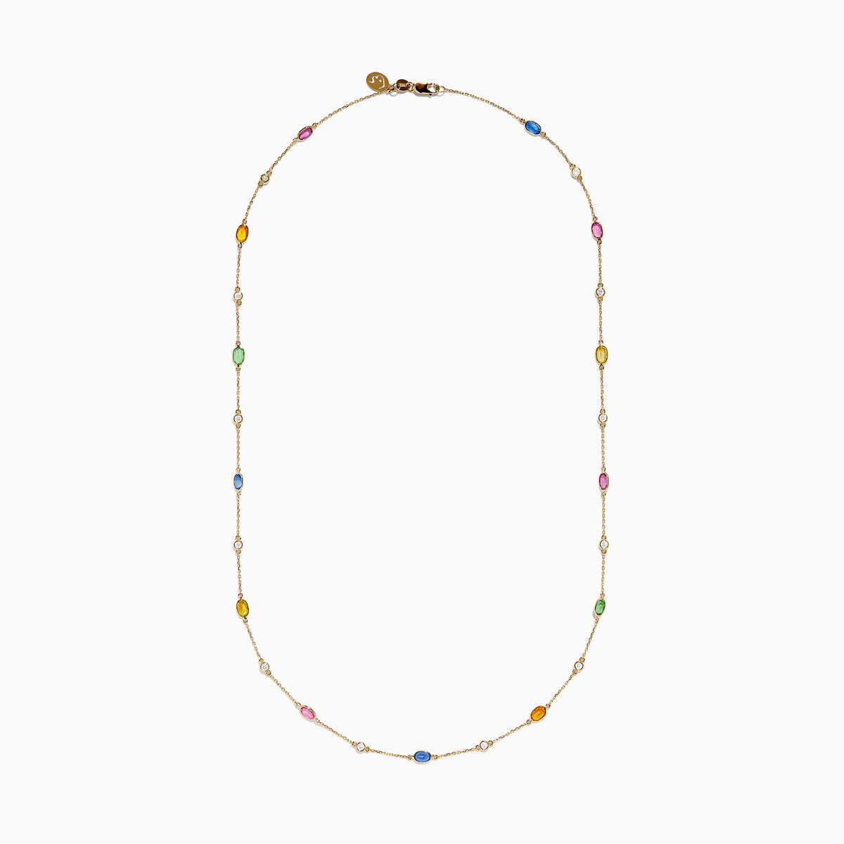 The 14K Yellow Gold Multi Sapphire and Diamond Station Necklace showcases blue, pink, yellow, green, and orange oval sapphires with a diamond station, all delicately spaced along the chain.