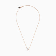 The 14K Rose Gold Diamond Open Heart Necklace features a heart-shaped pendant half encrusted with diamonds, suspended from a fine chain and displayed on a plain white background.