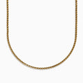 A Mens 14K Yellow Gold Venetian Box Chain Necklace, 22, is shown on a white background in a U-shape. It features small, square links and a polished, reflective finish.