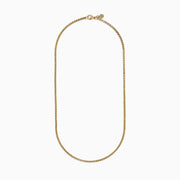 A Mens 14K Yellow Gold Venetian Box Chain Necklace, 22, is shown on a white background in a U-shape. It features small, square links and a polished, reflective finish.