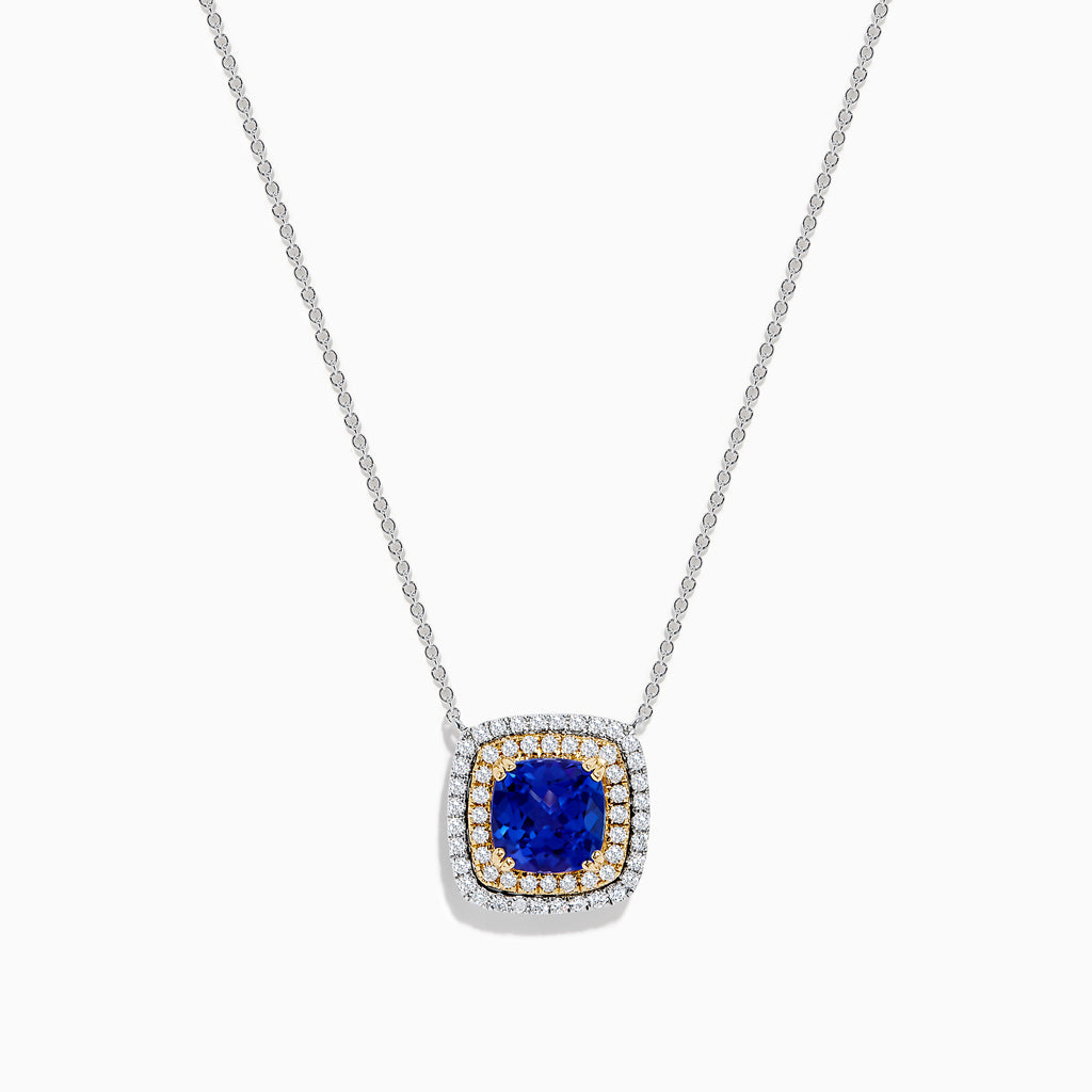The Nahla Siri 14K Two Tone Gold Tanzanite and Diamond Necklace features a square pendant with deep blue tanzanite, framed by a double halo of sparkling diamonds in silver and gold tones.