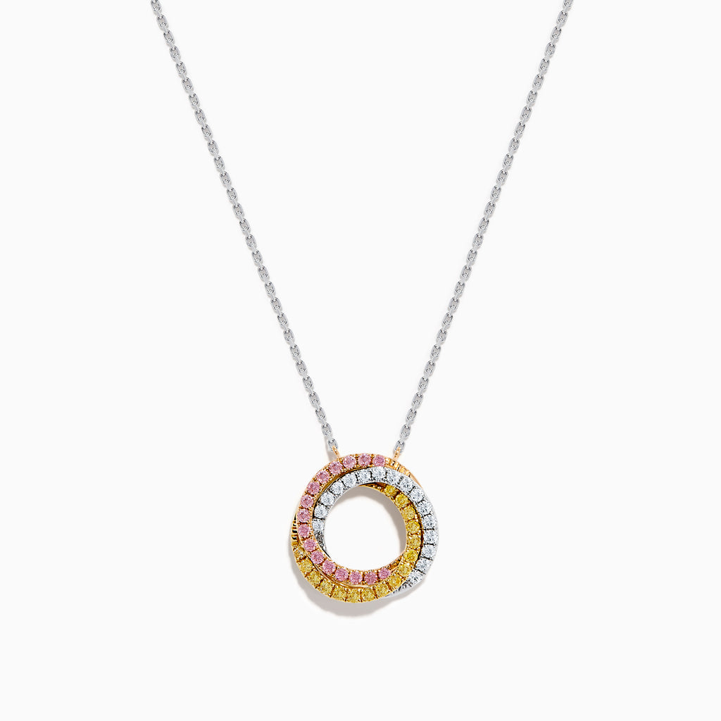 The 18K Tri-Color Gold Natural Yellow, Pink and White Diamond Circle Necklace showcases a round pendant with three rows of diamonds in pink, yellow, and white, displayed on a delicate silver chain against a white background.