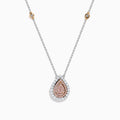 The 18K Two-Tone Gold Pink and White Diamond Pear Halo Pendant features sparkling pink and white diamonds on a two-tone gold design, creating an elegant halo look.
