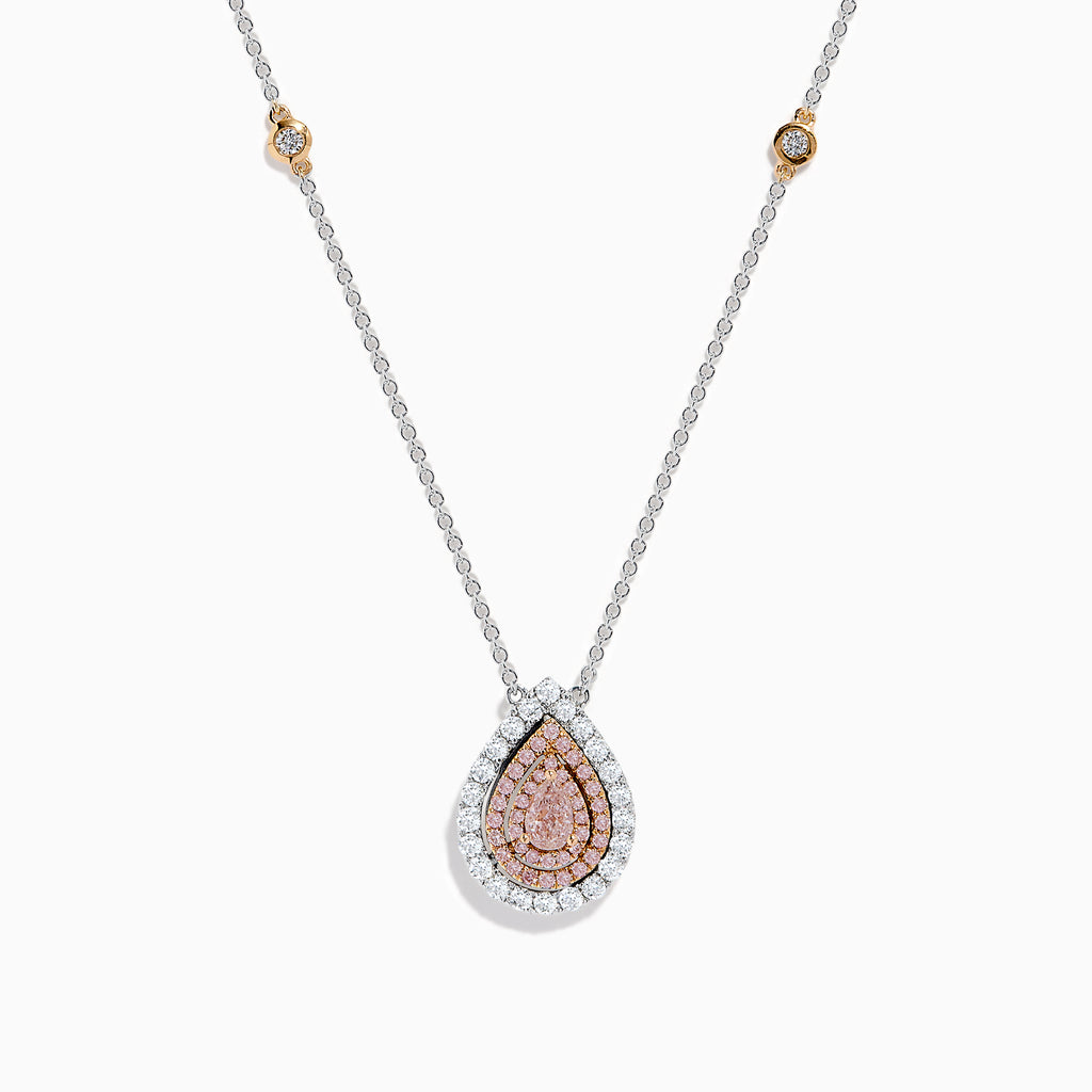 The 18K Two-Tone Gold Pink and White Diamond Pear Halo Pendant features sparkling pink and white diamonds on a two-tone gold design, creating an elegant halo look.