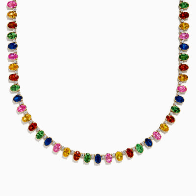 The Watercolor 14K Yellow Gold Multi Sapphire and Diamond Necklace features rectangular, multicolored sapphires and diamonds evenly spaced along its length, showcased on a white background.