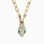 The 14K Yellow Gold White and Green Enamel Snake Paperclip Chain Necklace features a snake head pendant with white enamel scales and green accents, hanging elegantly from a sleek paperclip chain.