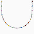 The Watercolors 14K White Gold Multi Sapphire and Diamond Tennis Necklace showcases alternating diamonds and vibrant sapphires in red, blue, green, yellow, orange, and pink along the chain for a lively, colorful look.