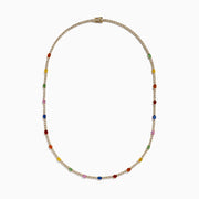 The Watercolors 14K Yellow Gold Multi Sapphire and Diamond Tennis Necklace features sparkling diamonds and vibrant sapphires—red, green, blue, pink, orange, and yellow—for a dazzling, colorful look.