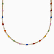 The Watercolors 14K Yellow Gold Multi Sapphire and Diamond Tennis Necklace features sparkling diamonds and vibrant sapphires—red, green, blue, pink, orange, and yellow—for a dazzling, colorful look.