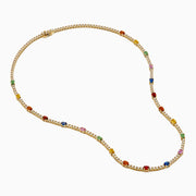 The Watercolors 14K Yellow Gold Multi Sapphire and Diamond Tennis Necklace features sparkling diamonds and vibrant sapphires—red, green, blue, pink, orange, and yellow—for a dazzling, colorful look.