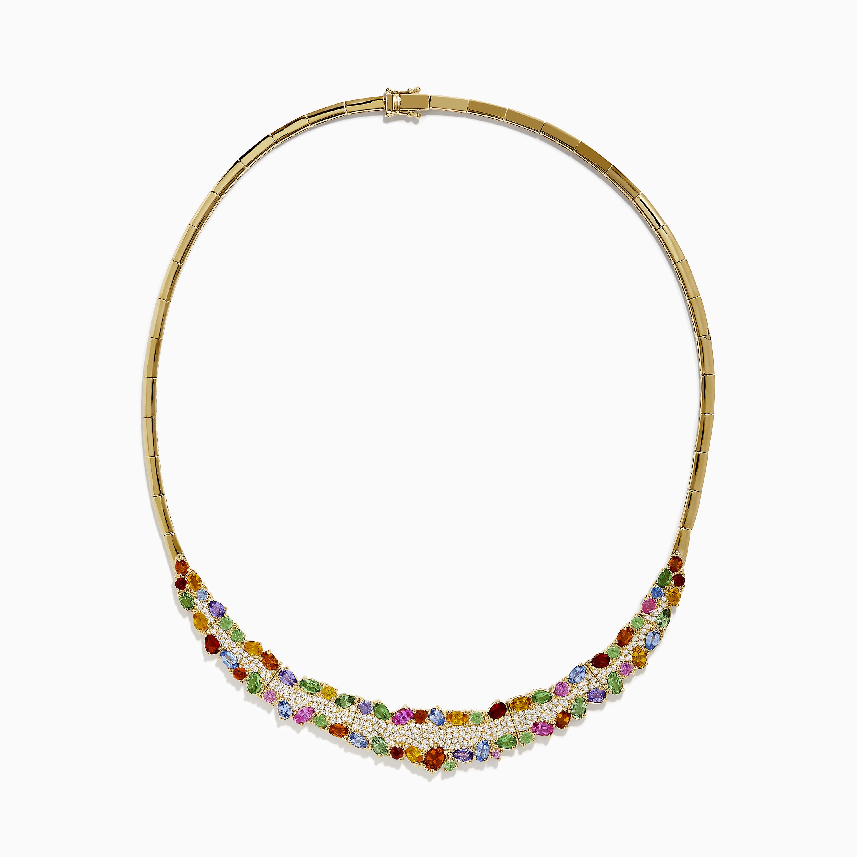 The Watercolors 14K Yellow Gold Multi Sapphire and Diamond Necklace features a section of symmetrically arranged, clustered sapphires in various shapes and sizes along the lower curve.