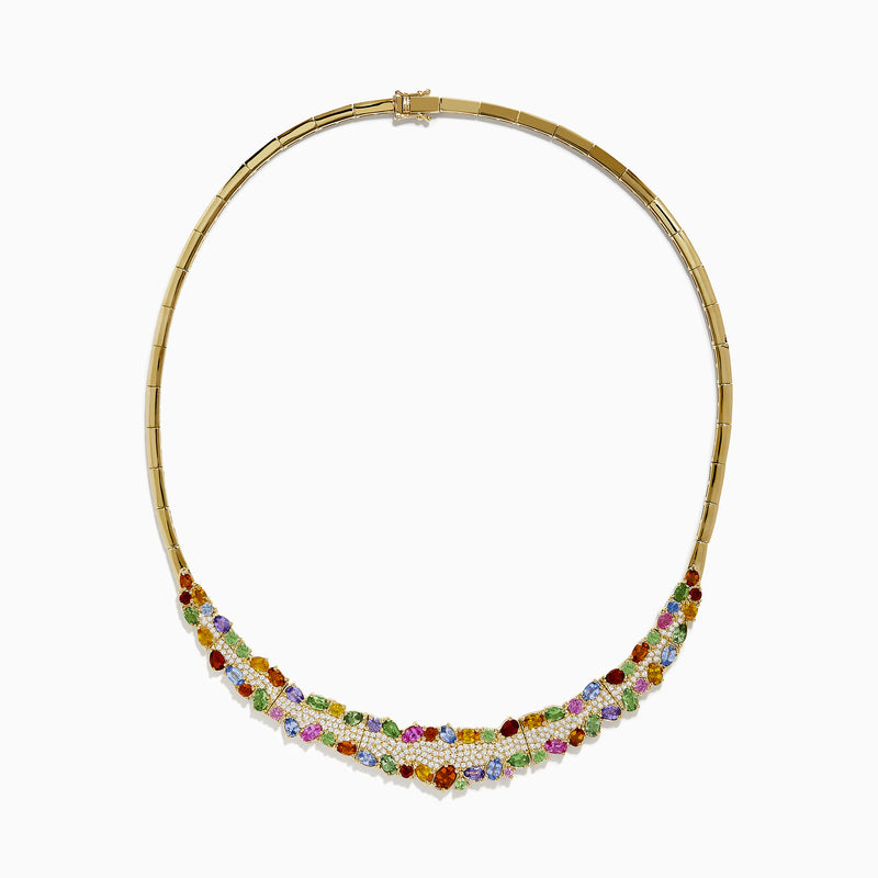 The Watercolors 14K Yellow Gold Multi Sapphire and Diamond Necklace features a section of symmetrically arranged, clustered sapphires in various shapes and sizes along the lower curve.