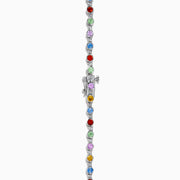 The 925 Sterling Silver Diamond and Multi Sapphire Tennis Necklace features evenly spaced blue, green, red, yellow, and purple gemstones along the chain, creating a vibrant sapphire-inspired design.