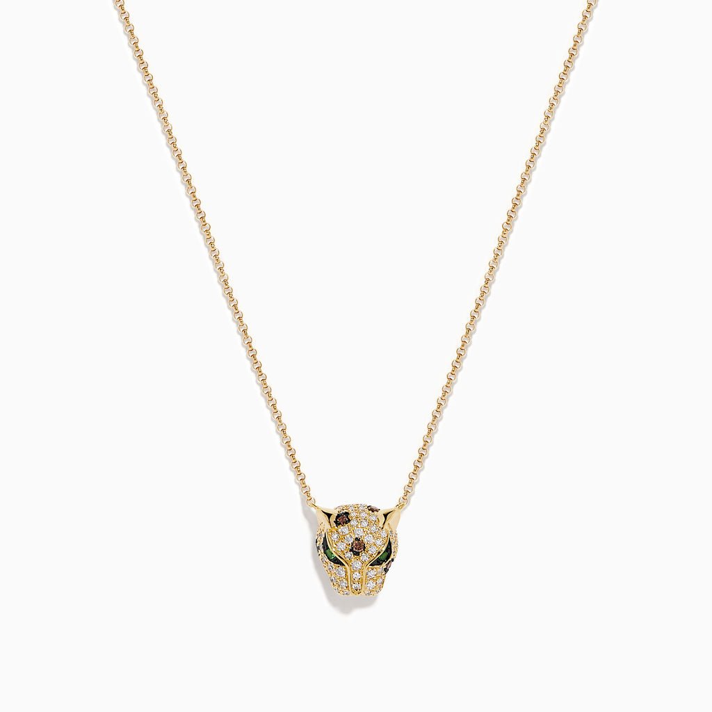 The Signature 14K Yellow Gold Diamond Panther Pendant features an animal head design adorned with sparkling diamonds and green gemstone accents, displayed centered on a plain white background.