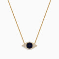 The Novelty 14K Yellow Gold Blue Sapphire and Diamond Evil Eye Necklace features an eye-shaped pendant with a dark blue sapphire center, accented by sparkling diamonds.