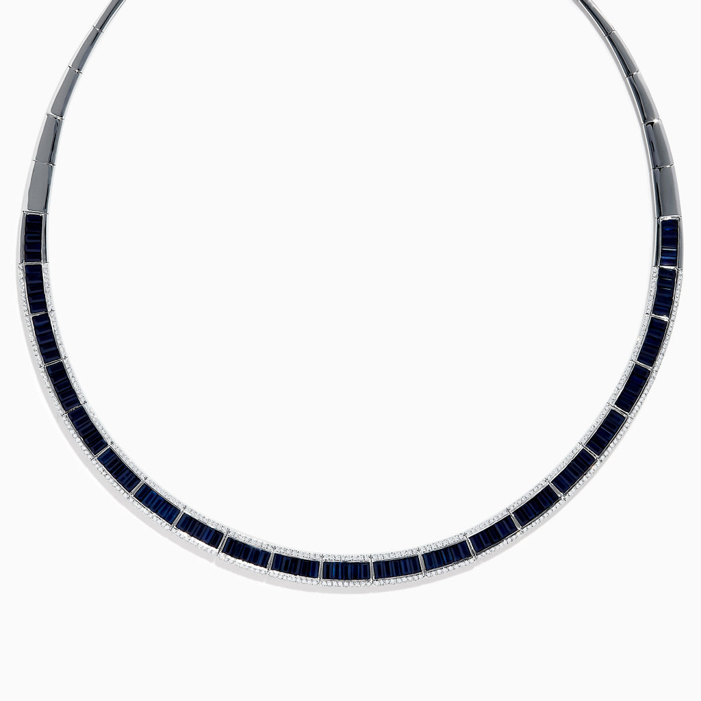 The Royale Bleu 14K White Gold Blue Sapphire and Diamond Necklace features rectangular blue sapphires in a row, bordered by sparkling diamonds in a semi-rigid collar design.
