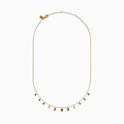 The 14K Yellow Gold Multi Sapphire Diamond Rain Drop Station Necklace showcases round and teardrop-shaped sapphire charms spaced along the chain, all set against a plain white background.
