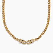 The Signature 14K Yellow Gold Diamond and Emerald Panther Necklace features two jeweled panther head clasps with green gemstone eyes and pavé diamond accents, facing each other at the center.